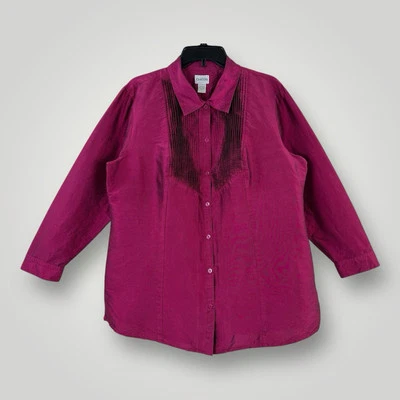 Blusa de seda Chico’s para mujer XL (3) manga larga fucsia plisada esmoquin frontal Foto 1 de 4