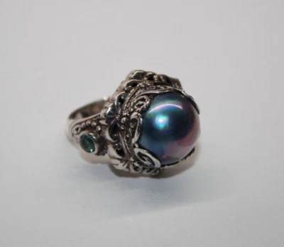 Sarda Sterling Silver Ornate Peacock Pearl Ring w/ Topaz Accents Sz: 7 [104GRA] - Image 1 of 4