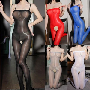 Lady Oil Shiny Glossy Pantyhose Sheer Crotchless Full Body Stocking Tights Pants - Picture 1 of 19