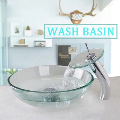 EE. UU. 17" Fregadero de Baño Redondo Transparente Vidrio Templado Lavabo Mezclador Grifo con Drenaje Foto 1 de 4