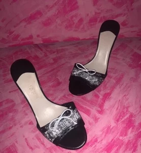 Chanel  Shoes Logo Black/White Burnout/Ombré Leather Slingback Sandals Heel 39.5 - Picture 1 of 12