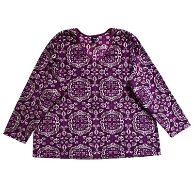NWOT Basic Editions Top Womens 2X Purple Floral Fleece Long Sleeve V Neck - Image 1 of 4