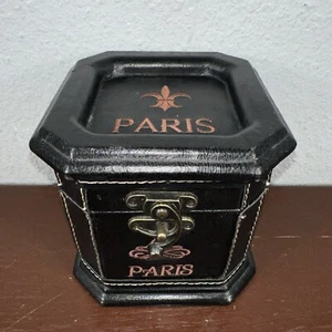 Paris Themed Hinged + Lock Black Leather Keepsake Box With Embroidery - Picture 1 of 5