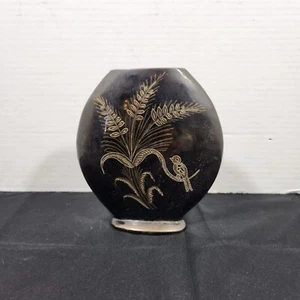 Vintage Brass Floral Etching w/ Birds Flat Vase Made in India 6" tall 5.5" Wide - Picture 1 of 23