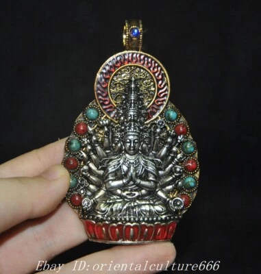 Antigua gema con incrustación de plata del Tíbet Tara Avalokitesvara estatua exorcismo periapt colgante Foto 1 de 4