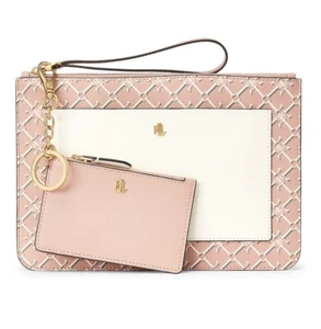 LAUREN RALPH LAUREN SAFFIANO LEATHER LOGO DUO WRISTLET SET PINK VANILLA GOLD NWT - Picture 1 of 6