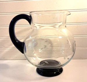 Princess House Heritage Pitcher Glass Cobalt Blue Handle Base 88oz etched Floral - Picture 1 of 24