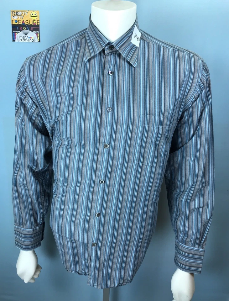 Mens Martin Gordon Large Smoke Coin Beige Barcode Striped 100% Cotton L/S Shirt - Image 1 of 4