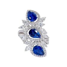 Pear Lab Sapphire & CZ Right Hand Ring 925 Sterling Silver Cocktail Women Jewel