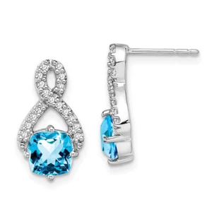 14K Solid White Gold Swiss Blue Topaz Diamond Dangle Earrings - Picture 1 of 1