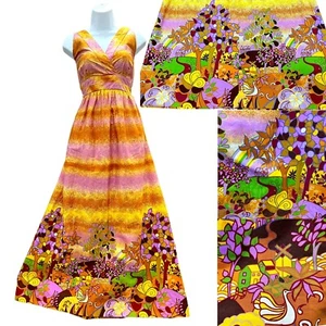 Vintage 1960s Hawaiian Polynesian Psychedelic Novelty Print Tiki Maxi Dress - Picture 1 of 11