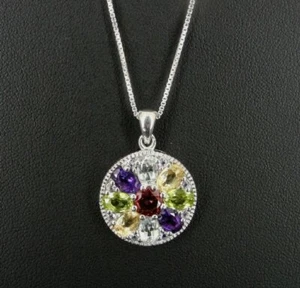 Necklace Silver Round Multi Color Stones Sterling 925 Pendant Chain Necklace - Picture 1 of 4