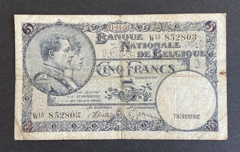 1938 Banque Nationale de Belgique 5 Francs Belgium Banknote Paper Money Bill Cover