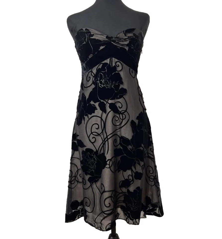 Vestido Casa Blanca Mercado Negro Talla 2 S Terciopelo Negro Burnout Y2K Vintage Sin Tirantes Foto 1 de 4