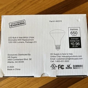 New Box Of 6 Maintenance Warehouse® BR30 LED 65120V 650 Lumens (2700k) 65W - Picture 1 of 4