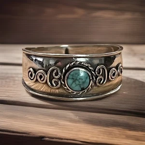 Genuine Turquoise 925 Silver Bali Ring Size 6 Oxidized Finish Boho Stackable - Picture 1 of 9