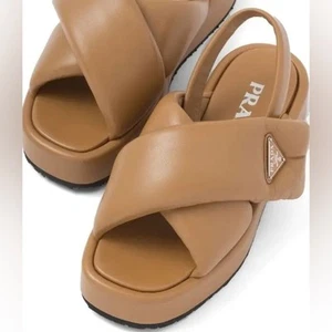 Prada | Soft Padded Nappa Leather Wedge Slingback Sandal In Camel Size: 37 - Picture 1 of 14