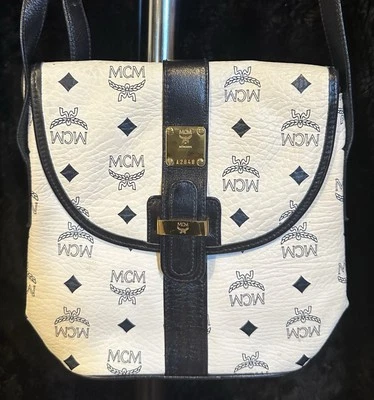 Vintage Authentic MCM Visetos "Patricia" White Black Leather Crossbody Bag - Image 1 of 4