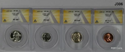 1950 4 COIN PROOF SET ANACS CERTIFIED CENT PF63 RB, NICKEL PF64, DIME PF65 #J306 - Image 1 of 4