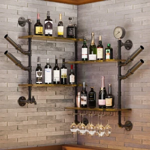4 Tier Industrial Wall Wine Rack Floating Bar Liquor Shelves Pipe Glass Holder - Picture 1 of 11