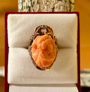 Vintage 1930’s Art Nouveau 10kt Gold Oval Cut Coral Female Bust Cameo Ring 5g Sz - Picture 1 of 21