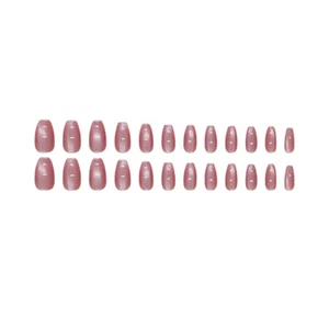 Short Coffin Press-On False Nail Sparkling Diamond Cat's Eye Manicure 24pcs - Picture 1 of 6