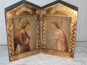 Italian Wood Gilt Gold Leaf Florentine Diptych Prayer Plaque 2 Panels 8 5/8in - Picture 1 of 6