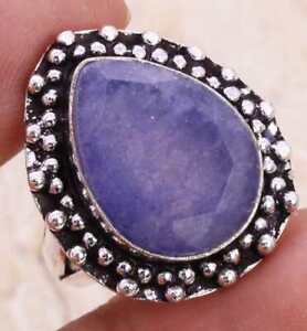 Simulated Sapphire 925 Silver Plated Handmade Ring of US Size 8 Ethnic