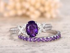 3.10Ct Oval Cut Simulated Amethyst/Cz Bridal Set Ring 14K White Gold Plated