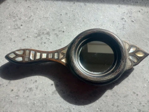 Antique Wood Carved Abalone Shell Hand Crafted Portable Artisan Mirror 10x4 Cover