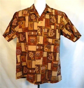 50s KAMEHAMEHA ABSTRACT TRIBAL PRINT HAWAIIAN SHIRT MEDIUM  COCONUT BUTTON LOOK! - Picture 1 of 9