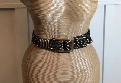 Cinturón de vestir ajustable vintage Y2K cuerda trenzada negra y dorada hebilla cuadrada Foto 1 de 4