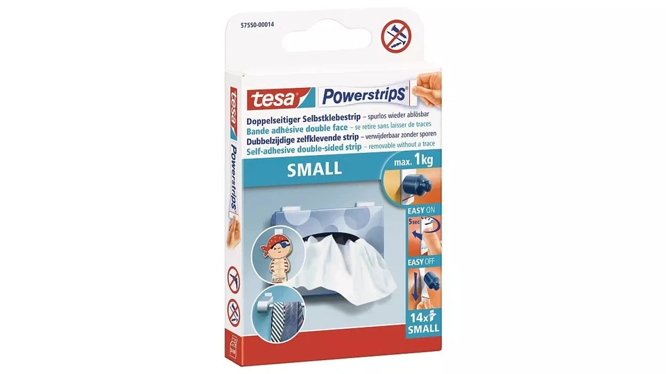 tesa Powerstrips Small, Doppelseitiger Selbstklebestrip, 14 Strips, weiß
