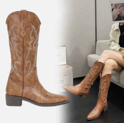 Ladies Womens Genuine Tan Brown Real Leather Cowboy Boot Slip On Mid Calf Boots