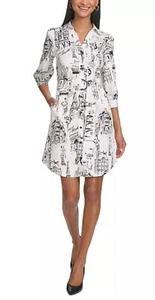 Vestido Karl Lagerfeld Talla 16 Estampado París Blanco y Negro con Cinturón. Nuevo con etiquetas - Imagen 1 de 5