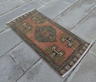 Vintage Turkish Oushak Rug 3.3x1.7 ft | Handwoven Wool Small Area Mat - Image 1 of 4