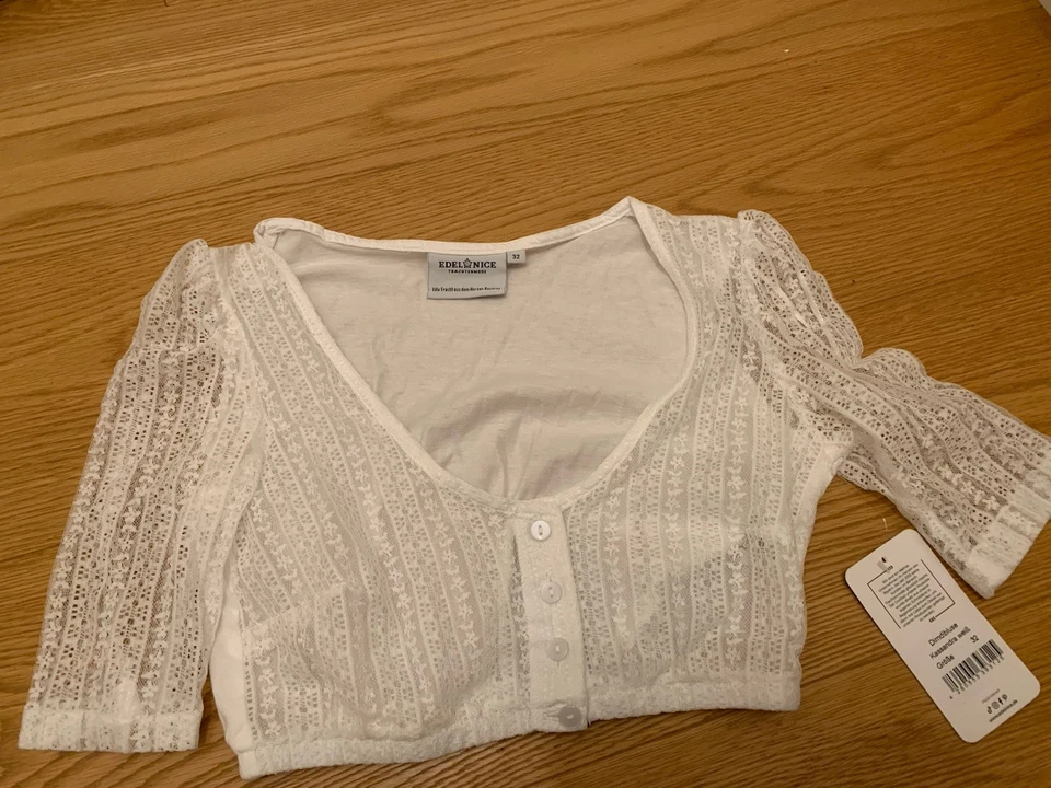 Neu! Dirndlbluse Gr. 32 Edelnice Kassandra weiß halbarm Spitze - Bild 1 von 4