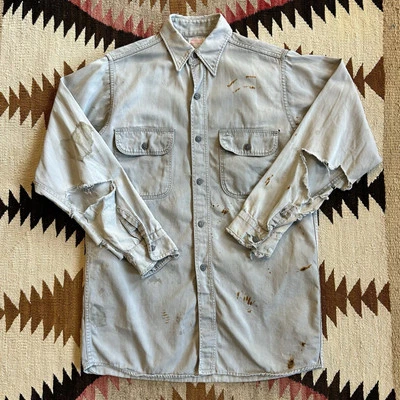 Camisa de Trabajo Ole Honesty Thrashed Barn Find Algodón Sarga Talla 14.5 De Colección Años 50 Foto 1 de 4