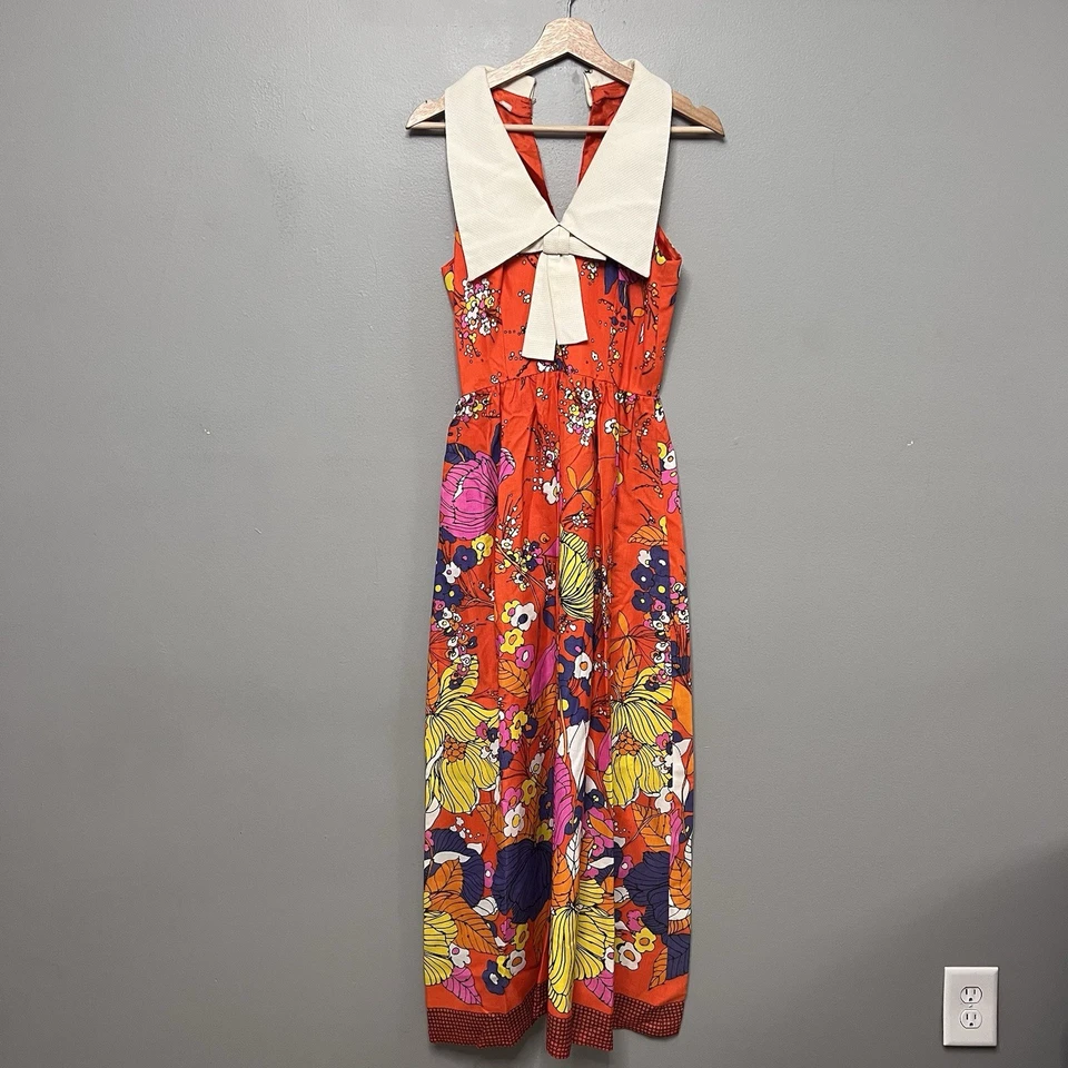 Винтажный 60-х яркий цветной длинный макси платье с белый воротник/бант цветок питания богемное 4 - Изображение 1 из 4