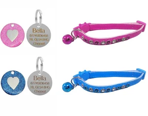 Leather Cat Collar, Diamantes, Safety Buckle, Bell & Engraved Heart Glitter Tag - Picture 1 of 17