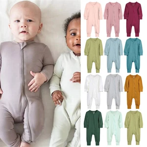 Newborn Infant Baby Cotton Romper Footless Pajamas Full Zip Long Sleeve Jumpsuit - Picture 1 of 45