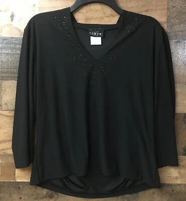 Mujeres Elegante Top Grande Negro Elastizado Cómodo Cuentas Brillante Oficina Fiesta Boho Foto 1 de 4