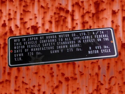 HONDA CB450 1974 MODELO 4/74 HEADTUBE TAG QUADRO PLACA DE DADOS IDENTIFICAÇÃO COM SEU # LEVANTADO - Imagem 1 de 3