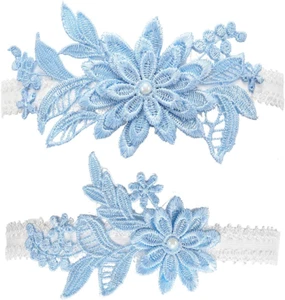Wedding Garters Set Lace Bridal Garter Stretchy Floral Garter for Bride Blue Whi - Picture 1 of 12