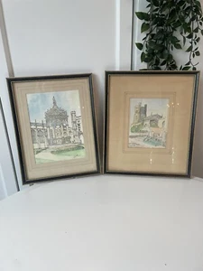 Pair 1970s Cambridge Paintings Watercolour Signed Market Church City Pair - Picture 1 of 9