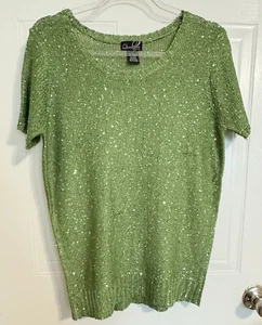 Questions by Say What? Green Sequined Sweater Short Sleeve Large - Picture 1 of 7