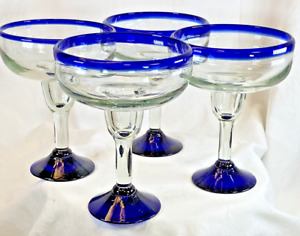 Hand Blown Blue Rimmed & Footed Margarita Glasses 14oz Set Of 4