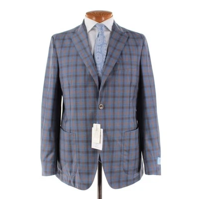 Belvest NWT Super 120's Wool Sport Coat Size 52R (42R US) In Blue w/ Brown Plaid - Image 1 of 4