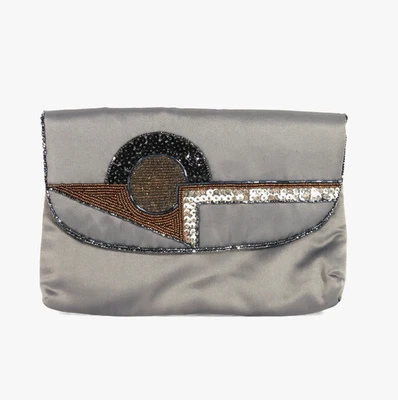 VTG DELILL Gray Satin PURSE BAG Clutch or Shoulder Strap BRONZE BEADED ART DECO - Image 1 of 4