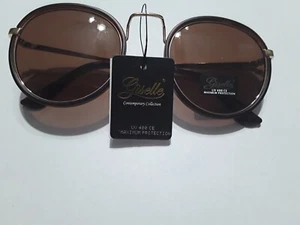 Women's Giselle UV 400 Round Gold Black Frames Amber Tint Lens Sunglasses NEW - Picture 1 of 4